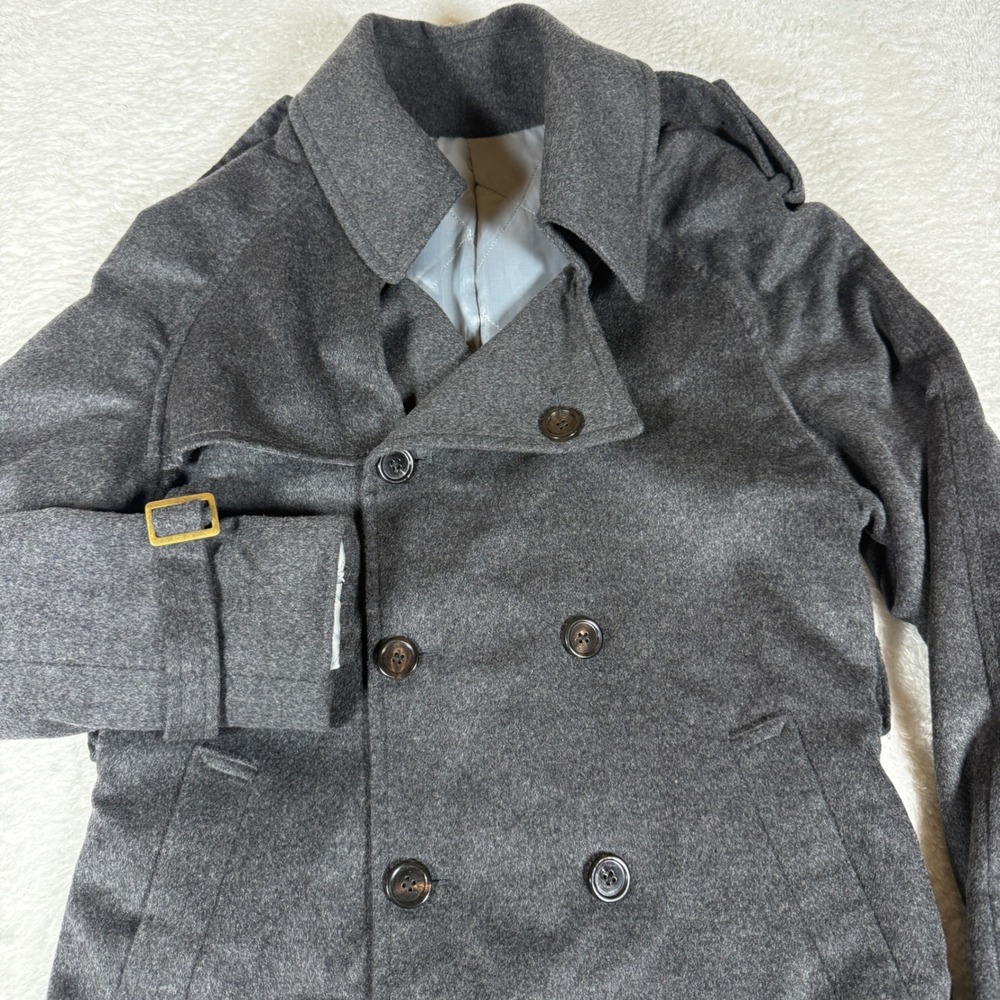 Indochino Custom Trench Coat Mens Grey Wool Double Breasted L/S Epaulettes